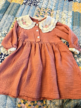 WALTON Embroidered Collar Baby Dress Orange & Cream